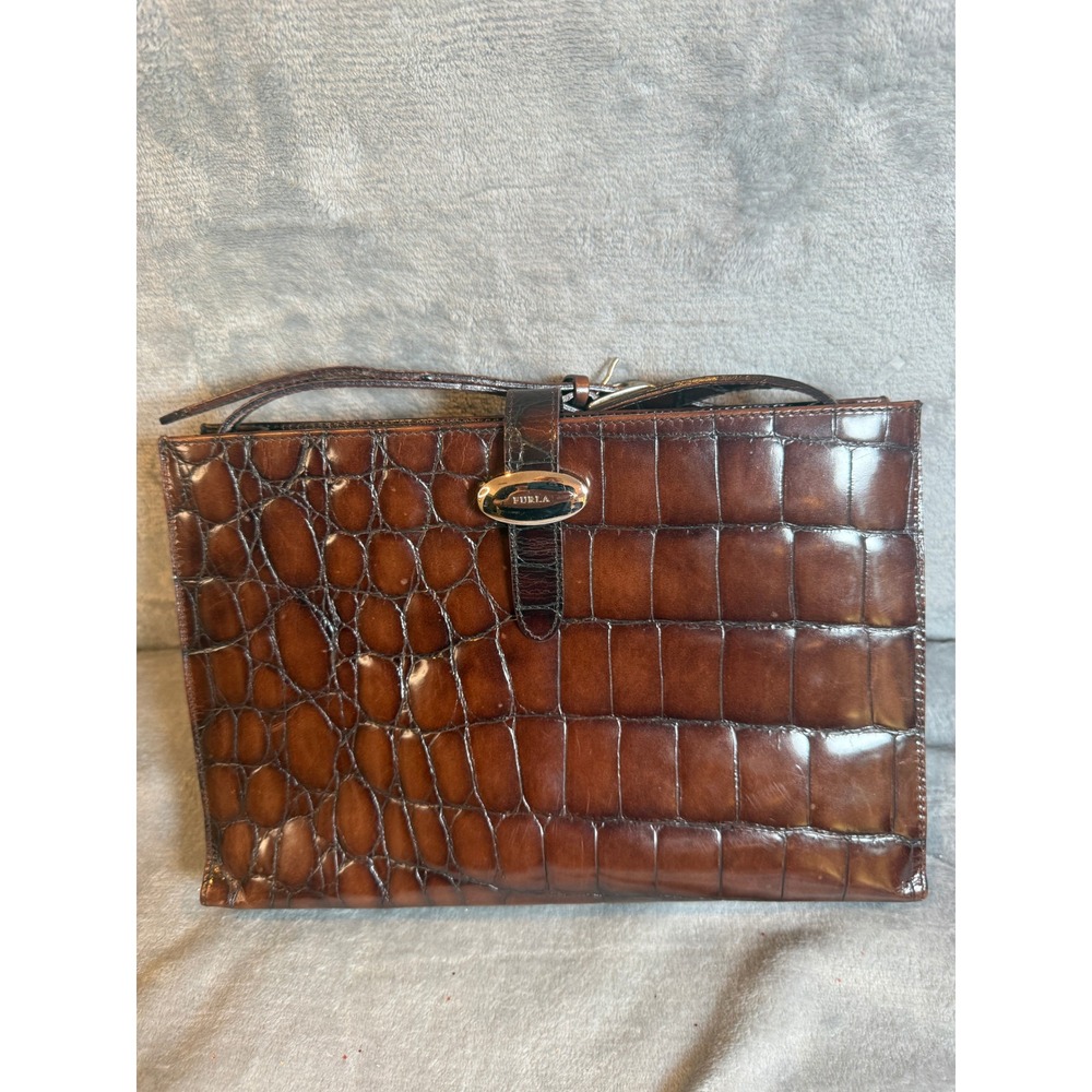 Furla Shoulder Bag Women Medium Brown Excellent Croc Embossed Leather Italy